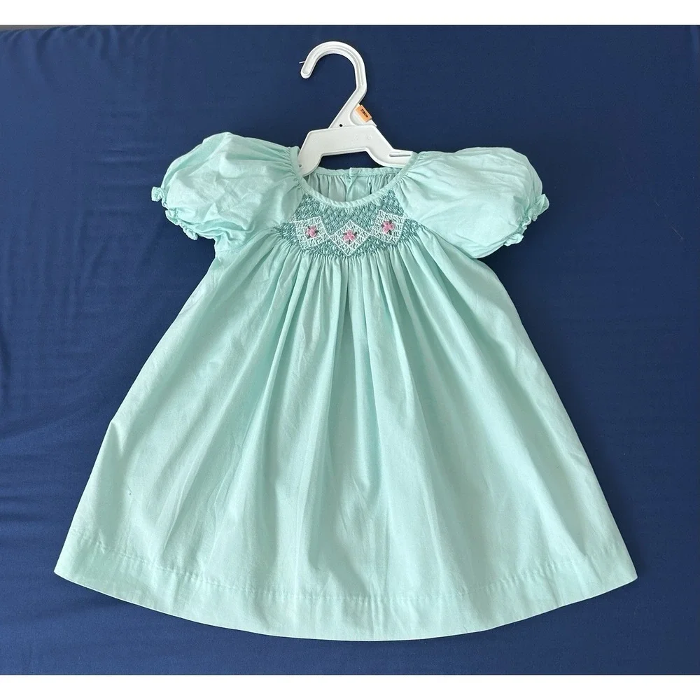 Smocked Light Green Pink Dress Size Newborn 0/3 One Of A Kind Church Baby Girl